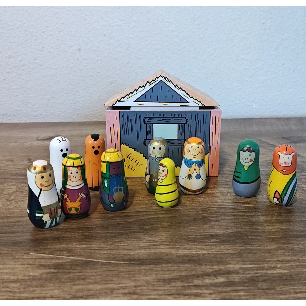 Oriental Trading Co Nesting Nativity Scene 11pc Multicolor Wood Folk Art Painted